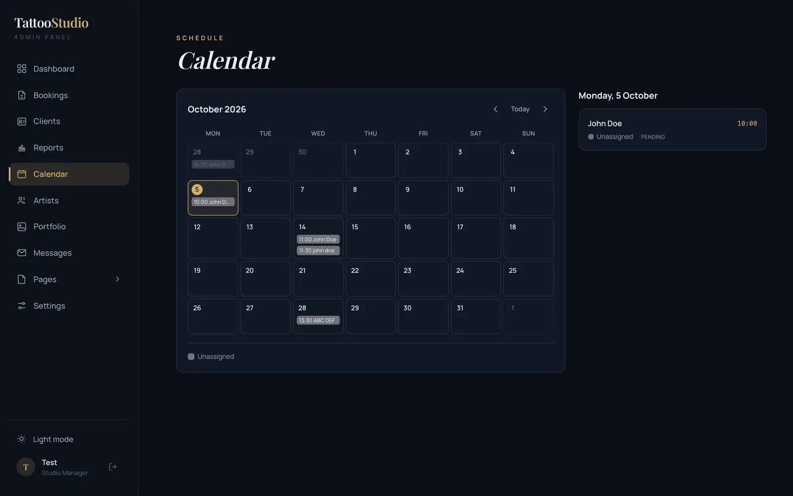 Admin calendar showing a month of bookings with a day's appointments listed alongside