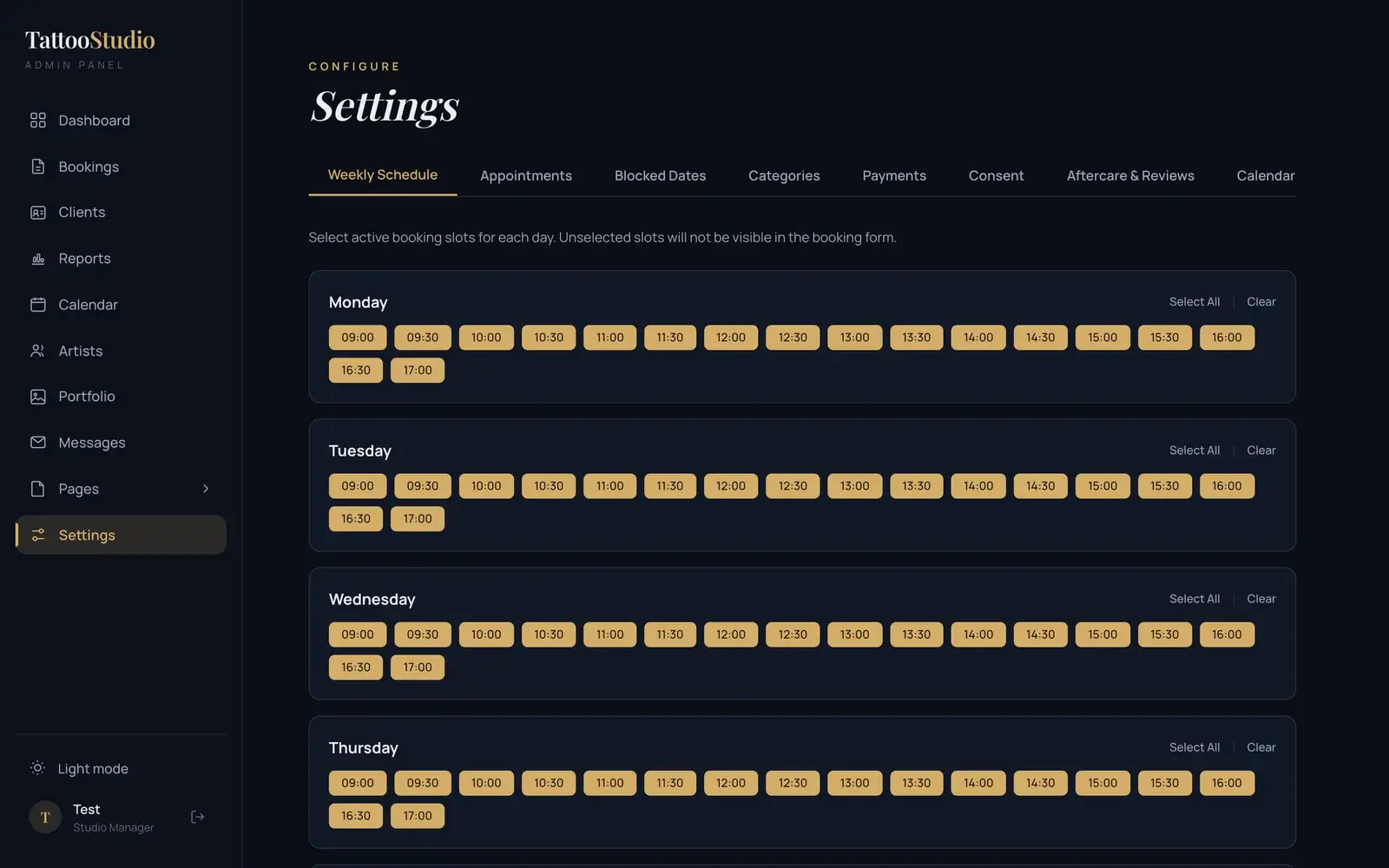 Admin settings: weekly schedule of bookable times, with tabs for appointments, blocked dates, payments, consent and aftercare