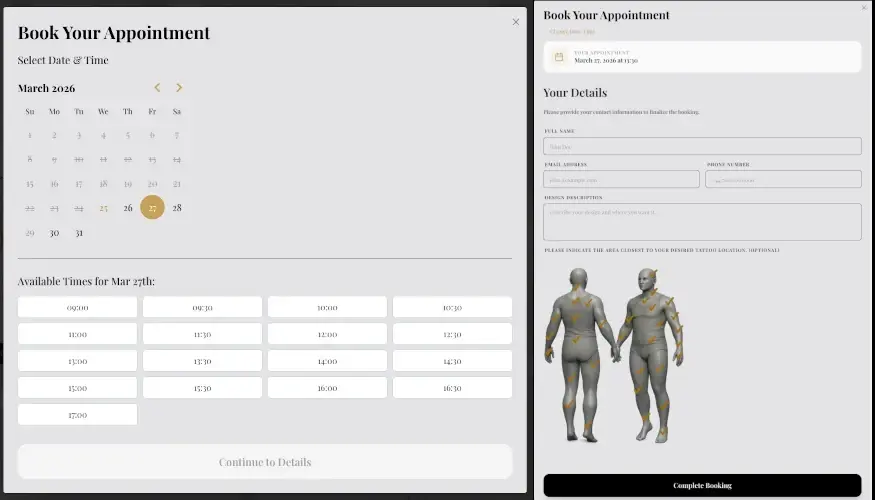 Tattoo studio online booking system with available time slots