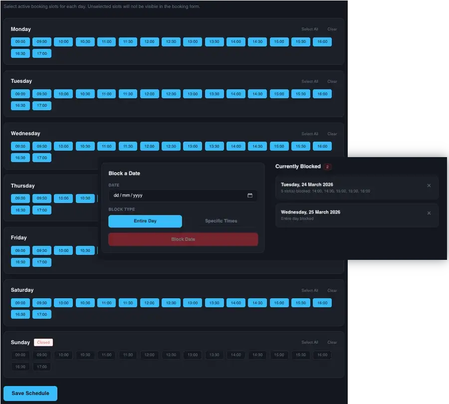 Tattoo studio admin panel for managing working hours and bookings