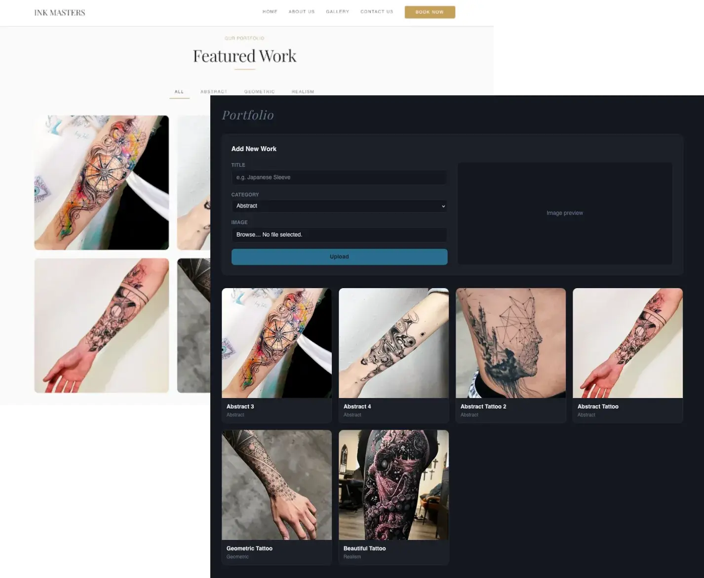 Tattoo studio portfolio gallery managed in the admin panel
