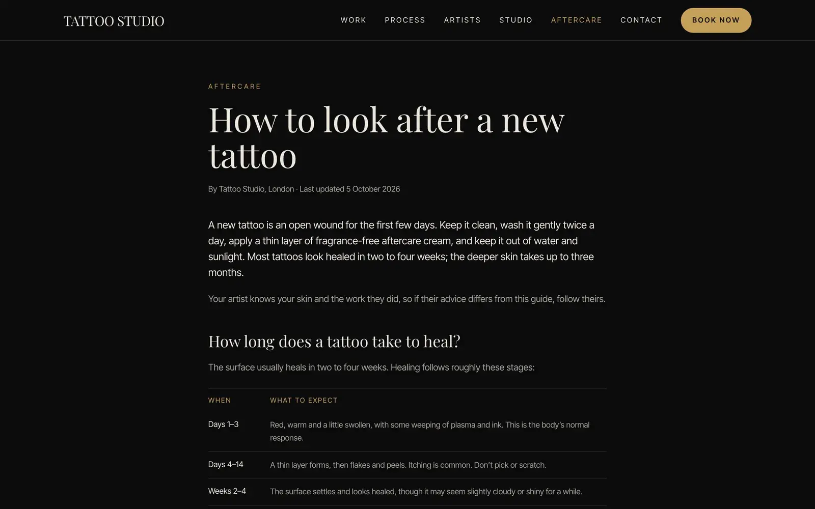 The aftercare guide page on a studio website, with a healing timeline and questions answered for search