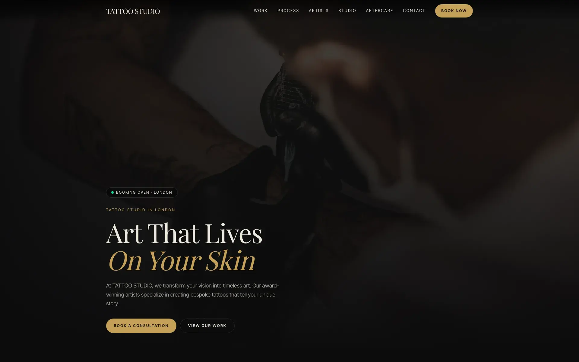 A tattoo studio website built with the system: dark homepage with a full-screen portfolio image and a Book a consultation button